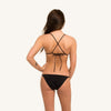 woodlike ocean bikini triangle top in black color with adjustable kriss kross back straps and removable padding back view 